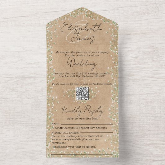 ジプソフィラウォーター素朴カラーフローラ&ボホ結婚ズ オールインワン招待状 (内側)