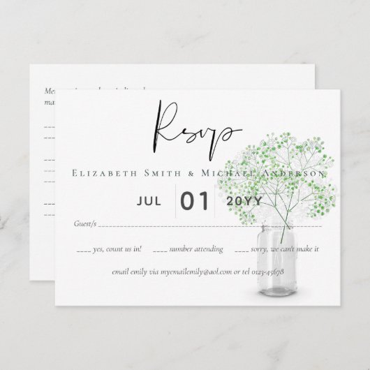 ジプソフィラバビーズブレスシンプルウェディングRSVP ポストカード (正面/裏面)