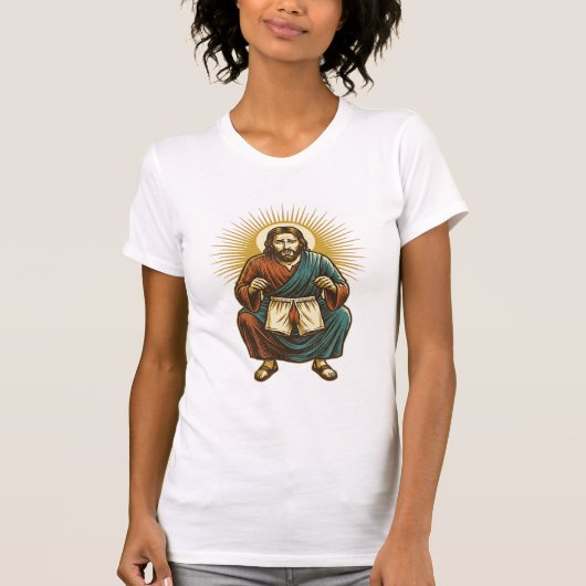 ジムでスクワット中に不快なブリーフのお悩みを解決するイエス様 Tシャツ (正面)