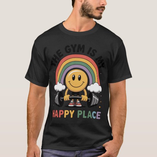 ジムは私の幸せな場所 笑顔 レインボー フィットネス Tシャツ (正面)
