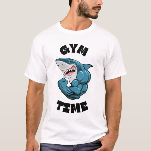 ジムタイムの筋肉自慢のサメ - おもしろいエクササイズ フィットネス Tシャツ (正面)