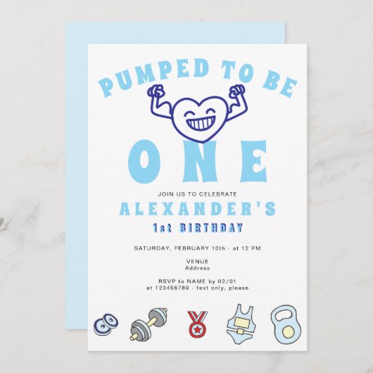 ジムフィットネスエクササイズワンストロングボーイ1st誕生日 招待状 (正面/裏面)