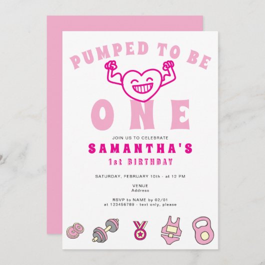 ジムフィットネスエクシーズワンストロングガール1st誕生日 招待状 (正面/裏面)