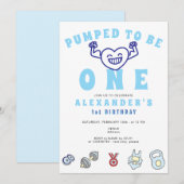 ジム フィットネス エクササイズ ワン ストロング ボーイ 1歳 誕生日 招待状 (正面/裏面)