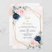  ジモダンオメトリ海軍と赤面フローラ結婚の 招待状 (正面/裏面)