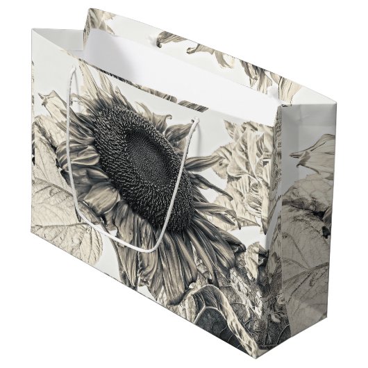 ジャイアントサンフラワーズヴィンテージセピアデザインアート ラージペーパーバッグ (正面アングル)