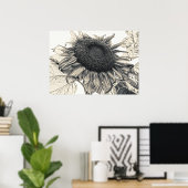 ジャイアントサンフラワーズヴィンテージセピア植物芸術 ポスター (ホームオフィス)