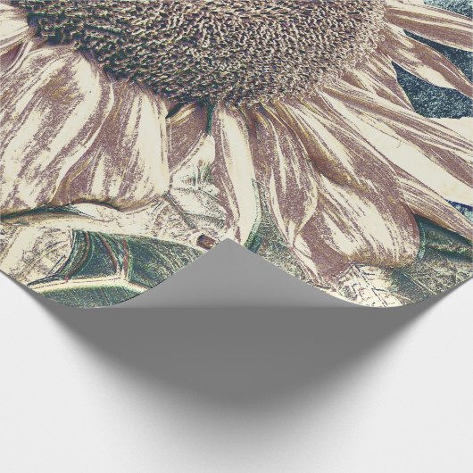 ジャイアントサンフラワーヴィンテージティール（緑がかった色）セピアアートデクページ ラッピングペーパー (角)