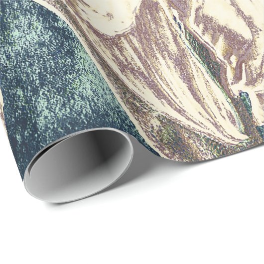 ジャイアントサンフラワーヴィンテージティール（緑がかった色）セピアアートデクページ ラッピングペーパー (ロールコーナー)