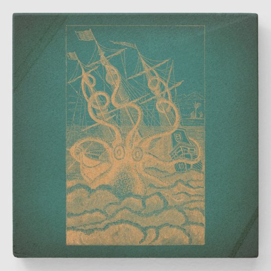 ジャイアントタコ攻撃船ティール（緑がかった色）アンティーククラーケン ストーンコースター (正面)