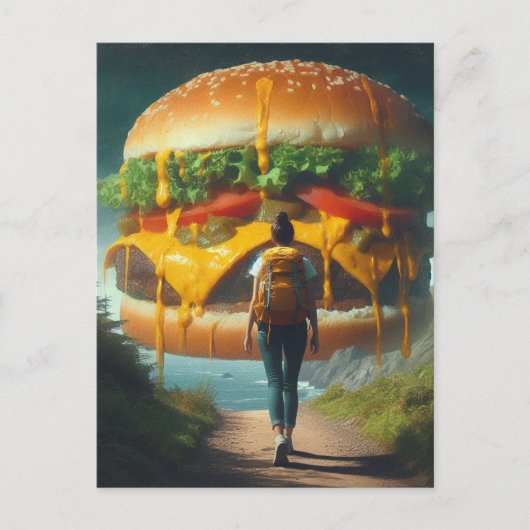 ジャイアントチーズバーガーの超現実的なハイカー夢を見る ポストカード (正面)