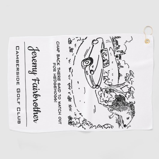 ジャイアントハリネズミとスポーツカーおもしろいアニメ ゴルフタオル (横)