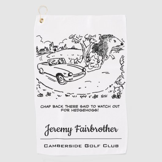 ジャイアントハリネズミとスポーツカーおもしろいアニメ ゴルフタオル (正面)