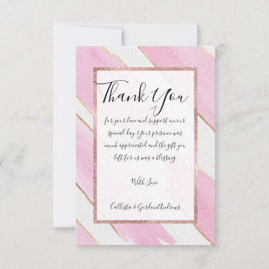 ジャイアント金ゴールドトリミングピンクの水色のブラシストローク サンキューカード (正面)