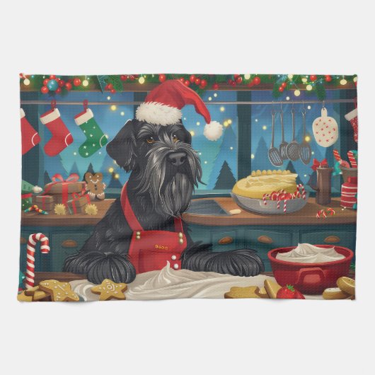 ジャイアント・シュナウザーのお祭りクリスマスお菓子作り キッチンタオル (横)