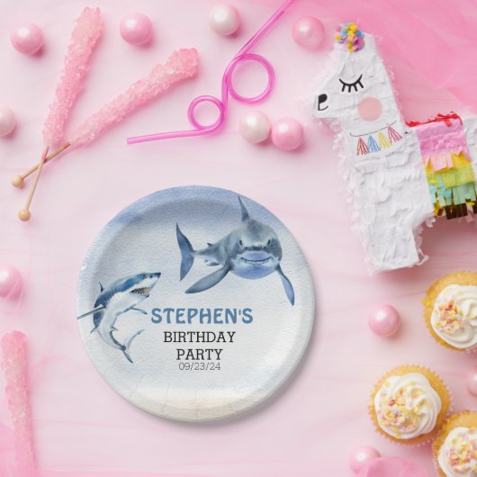ジャウソメ素晴らしホワイシャーク誕生日水彩画 ペーパープレート (パーティー)