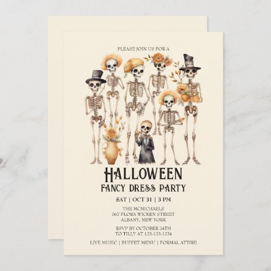 ジャウンティスケルトンファミリーポートレートハローウィンパーティ 招待状 (正面/裏面)