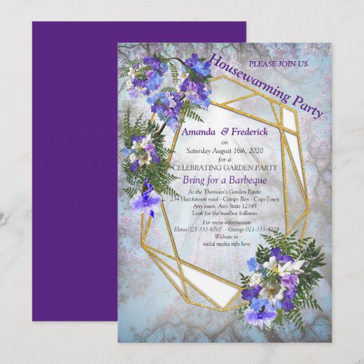 ジャカランダの花とユリの花束パーティー 招待状 (正面/裏面)