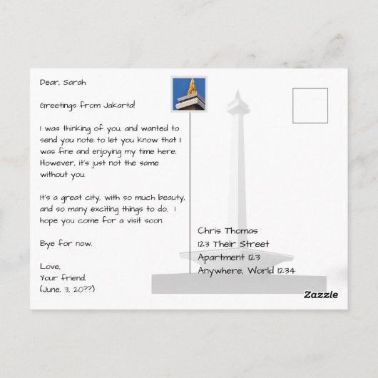 ジャカルタインドネシア国立記念碑モダン付 ポストカード (裏面)