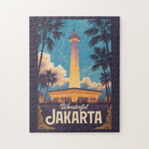 ジャカルタ インドネシア イラスト 旅行 アート ヴィンテージ ジグソーパズル