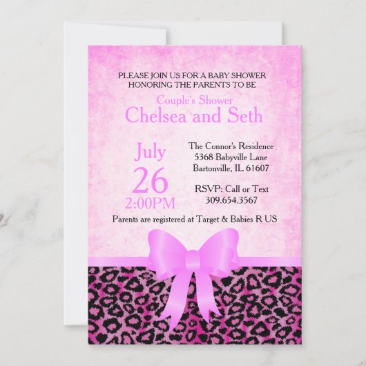 ジャガーの動物の猫柄|ピンク|ベビーガールシャワー 招待状 (正面)