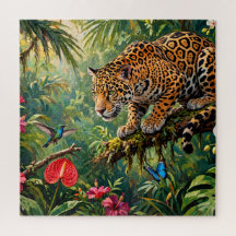 ジャガーの熱帯雨林 ハチドリ 蝶 花
