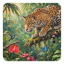 ジャガーの熱帯雨林 ハチドリ 蝶 花