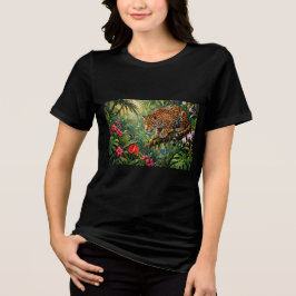 ジャガーの熱帯雨林 ハチドリ 蝶 花 トライブレンドTシャツ