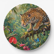 ジャガーの熱帯雨林 ハチドリ 蝶 花