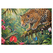 ジャガーの熱帯雨林 ハチドリ 蝶 花
