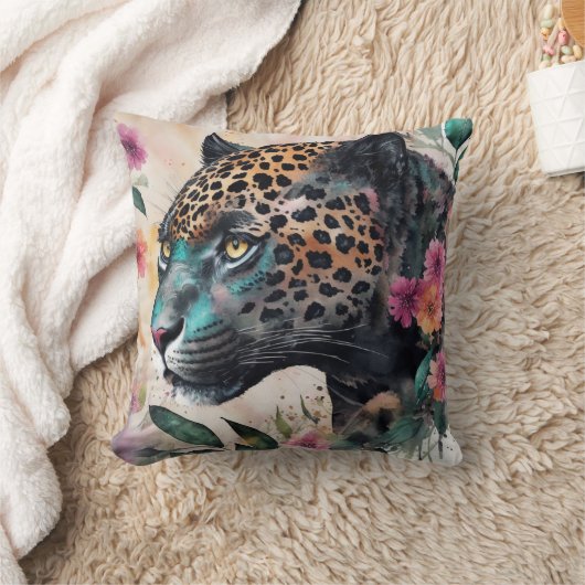 ジャガー水カラーフローラアートワーク クッション (ブランケット)
