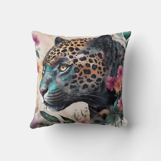 ジャガー水カラーフローラアートワーク クッション (裏面)