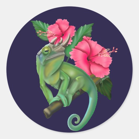 ジャクソンズカメレオンとハイビスカス ラウンドシール (正面)