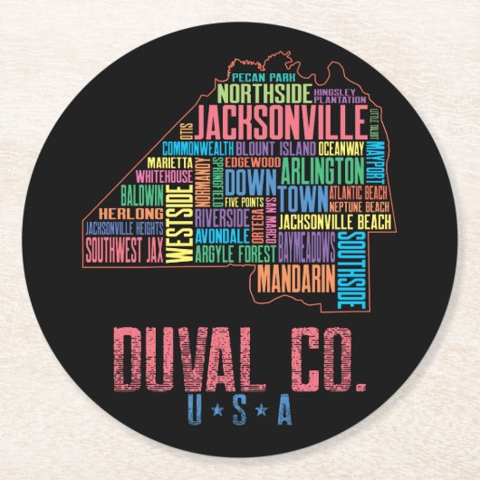 ジャクソンビルDuval County Florida USAの地図 ラウンドペーパーコースター (正面)