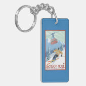 ジャクソンホール、ワイオミングのスキーヤーおよび市街電車 キーホルダー (正面左)