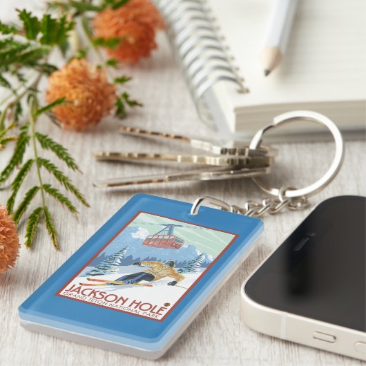 ジャクソンホール、ワイオミングのスキーヤーおよび市街電車 キーホルダー (正面右)