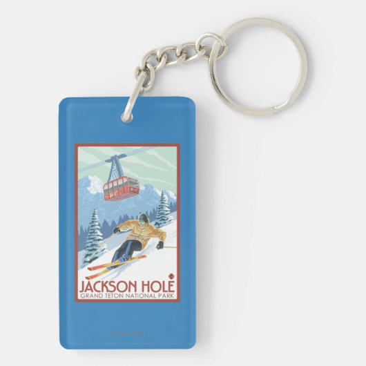 ジャクソンホール、ワイオミングのスキーヤーおよび市街電車 キーホルダー (裏面)