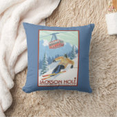 ジャクソンホール、ワイオミングのスキーヤーおよび市街電車 クッション (ブランケット)