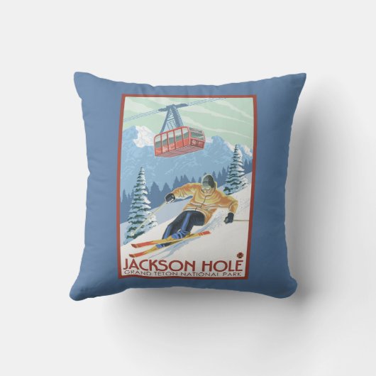 ジャクソンホール、ワイオミングのスキーヤーおよび市街電車 クッション (裏面)