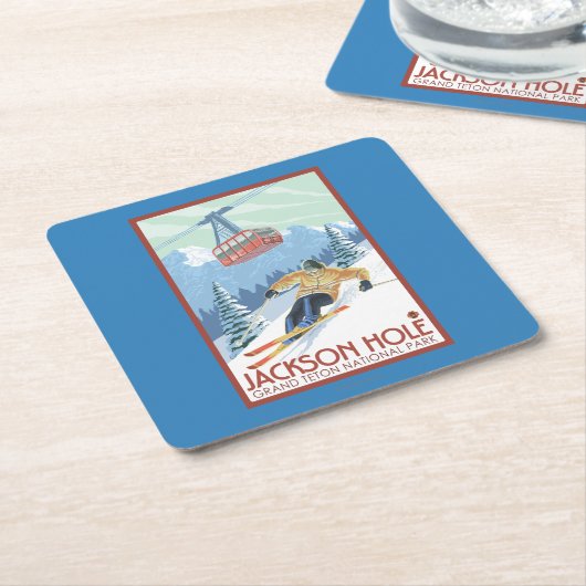 ジャクソンホール、ワイオミングのスキーヤーおよび市街電車 スクエアペーパーコースター (アングル)
