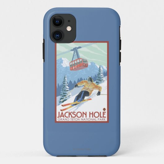ジャクソンホール、ワイオミングのスキーヤーおよび市街電車 Case-Mate iPhoneケース (裏面)