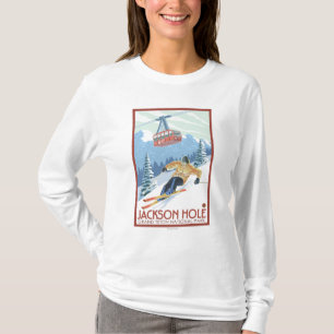 ジャクソンホール、ワイオミングのスキーヤーおよび市街電車 Tシャツ