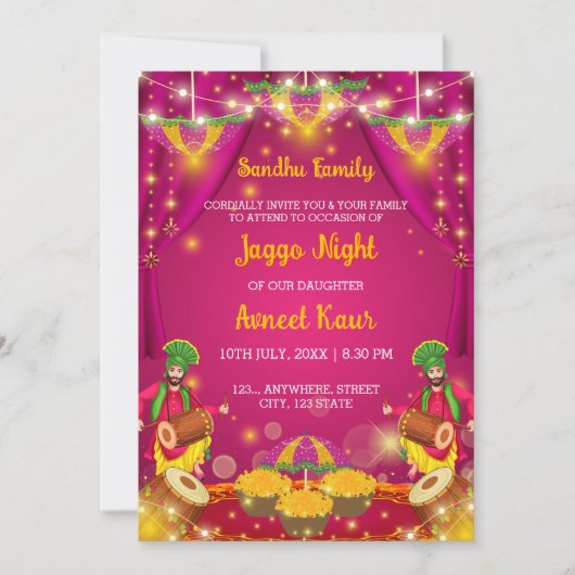 ジャグゴの夜の招待状 パンジャブの結婚式前のイベント 招待状 (正面)