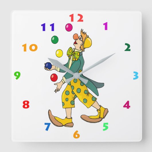 ジャグリングカラフルピエロ スクエア壁時計 (正面)