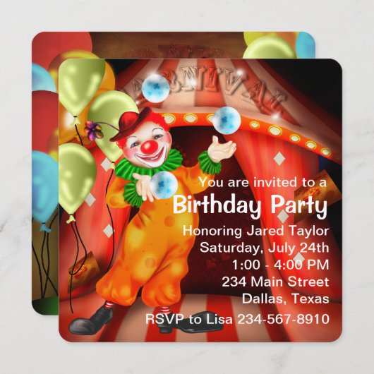 ジャグリングサーカスピエロ誕生日パーティー 招待状 (正面/裏面)
