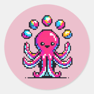 ジャグリングタコおもしろい- Pixel Art Circusデザイン ラウンドシール