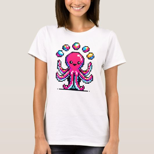ジャグリングタコおもしろい- Pixel Art Circusデザイン Tシャツ (正面)