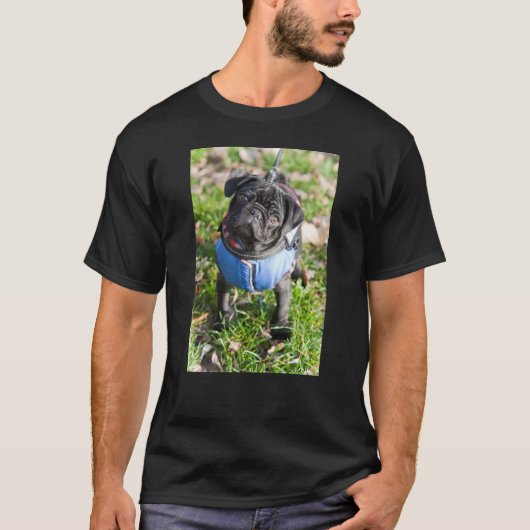 ジャケットを身に着けている黒いパグの子犬 Tシャツ (正面)