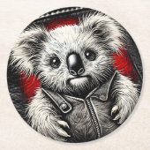 ジャケット表面にレザーベストを着たコアラ ラウンドペーパーコースター (正面)