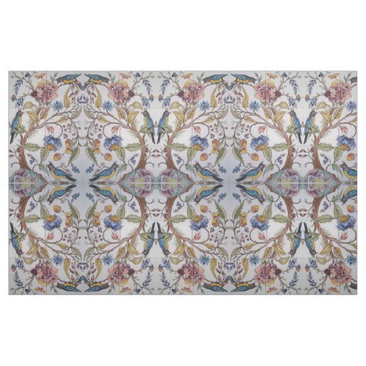 ジャコビーンタイルデザイン鳥フローラ軟色布帛 ファブリック (ファットクウォーター)